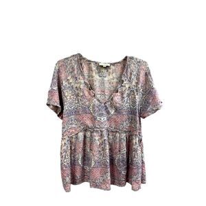 Lucky Brand Women's Floral Paisley Blouse Pink/Grey Size L Short Sleeve Casual
